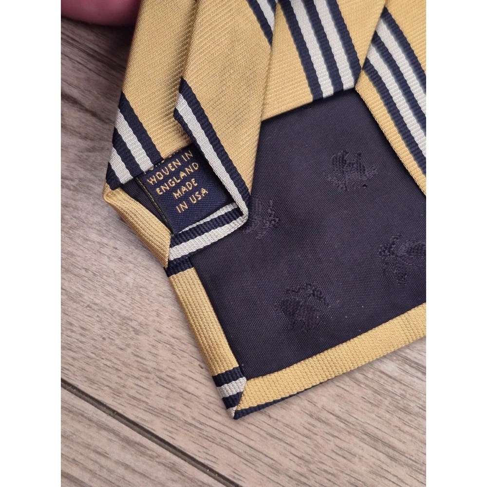 Brooks Brothers Makers Gold Navy Blue White Repp Stripe Silk Tie Woven England‎